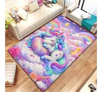Shein 1 pieza Alfombra decorativa con diseño de nube y unicornio arcoíris, que presenta una escena soñadora de un unicornio durmiendo contra un fondo degrad