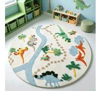 Shein 1 pieza Alfombra redonda de dibujos animados de parque de dinosaurios, escena de bosque del río jurásico, tapete de juego acolchado para gatear, adecu
