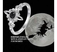 Shein 1 pieza Anillo de bruja celta gótico de plata de ley 925 | Ágata negra incrustada con patrón de runas de bruja | Anillo protector de mago unisex, anil