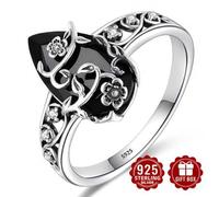 Shein 1 pieza Anillo de plata de ley 925 con circonita cúbica negra, joyería Flor de la Vida, talla 6-10, adecuado para el uso diario de la mujer, viene con