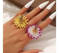 Shein 1 pieza Anillo multicolorio de girasol de moda, accesorio de mano decorativo con abeja y flor de flor del girasol, adecuado para uso diario