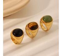 Shein 1 pieza Anillo ovalado de acero inoxidable de 18K en estilo retro minimalista para mujeres, incrustado con piedra de ojo de tigre natural u obsidiana