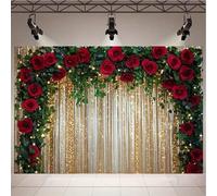 Shein 1 pieza Arco de seda con fondo de lentejuelas doradas, rosas rojas y hojas verdes, adecuado para bodas, duchas nupciales, aniversarios y fiestas - Fon