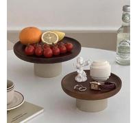 Shein 1 pieza Bandeja con pie de madera de acacia y cerámica vintage, plato para frutas, organizador de perfumes y cosméticos, bandeja de almacenamiento de
