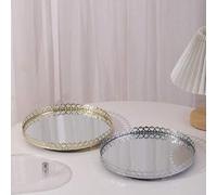 Shein 1 pieza Bandeja de espejo con borde de corona de metal dorado/plateado, bandeja de tocador de estilo europeo de vidrio, soporte decorativo de lujo par