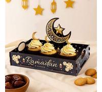 Shein 1 pieza Bandeja de madera decorativa para Ramadán, plato de comida con patrón de estrella y luna negra y dorada, decoración de mesa para Eid Al-Fitr,