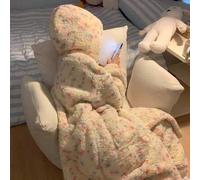 Shein 1 pieza Bata con capucha de felpa coral acogedora para mujer - Estampado de dibujos animados lindo, manga larga con bolsillos, conjunto de pijama para