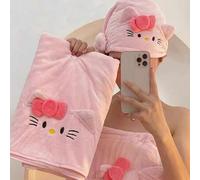 Shein 1 Pieza Bata de baño de Hello Kitty, toalla de felpa de coral rosa con gato lindo que se puede envolver, absorbente y suave, gorro para secar el cabel