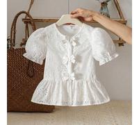 Shein 1 pieza Blusa de cuello de muñeca de estilo europeo y americano, edición limitada de primavera/verano para niñas, con un color blanco puro que transmi