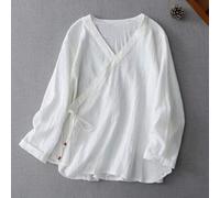 Shein 1 pieza Blusa de estilo chino de la dinastía Tang mejorada, color blanco, nueva de primavera/verano, vintage con cuello cruzado, adorno de encaje y at
