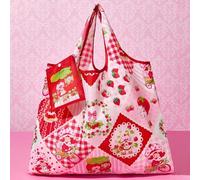 Shein 1 pieza Bolsa de compras plegable de poliéster con figura de dibujo animado linda, bolso de mano con bolsillo desmontable, estilo fresa, dulce, pastor