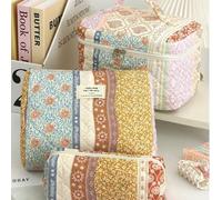 Shein 1 pieza Bolsa de cosméticos acolchada de gran capacidad con patrón de flores aleatorias de contraste vintage, bolsa de maquillaje, bolsa de maquillaje