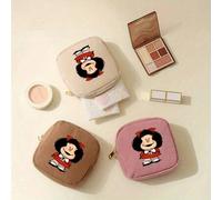 Shein 1 pieza Bolsa de cosméticos de pana - Estampado de dibujos animados MAFALDA en 2D, bolsa de maquillaje compacta, mini bolsa de cosméticos, bolsa de ma