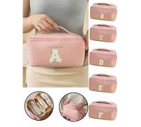 Shein 1 pieza Bolsa de cosméticos de piel de PU de unicolor, bolsa de almacenamiento de cosméticos de viaje con letras estampadas en dorado, bolsa de almace