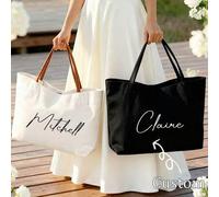 Shein 1 pieza Bolsa de lona personalizada, bolso de mano de mujer, bolsa de playa, bolsa de playa para dama de honor, se puede imprimir su nombre, portátil,