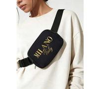 Shein 1 pieza Bolso bandolera mini con estampado "Milán", bolso riñonera con correa ajustable con estampado italiano, bolso de cintura pequeño de nailon imp