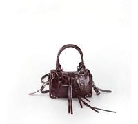 Shein 1 pieza Bolso de estilo retro y punk Y2K de cuero sintético PU con cremallera, decorado con remaches, tachuelas y borlas de metal en color burdeos. Di