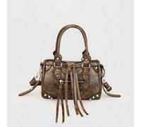 Shein 1 pieza Bolso de estilo retro y punk Y2K de lujo tranquilo con diseño de cremallera, correa de hombro ajustable de doble asa, remaches incrustados, bo