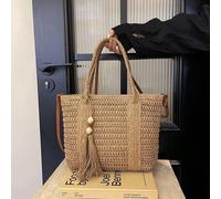 Shein 1 pieza Bolso de hombro de paja para vacaciones, bolsa de playa/picnic de trenzado de moda con decoración de flecos, bolsa tejida hecha a mano casual