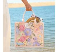 Shein 1 pieza Bolso de lona grande con capacidad amplia para la playa, con bordado 3D en color rosa y patrón de lentejuelas florales distribuidas aleatoriam