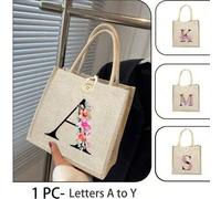 Shein 1 pieza Bolso de playa con letra personalizada de la A a la Z con diseño floral, bolso de mano casual y portátil, bolso de hombro de lino de moda, bol