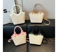 Shein 1 pieza Bolso de playa de paja con bloques de color, elegante bolso de mano para damas, bolso de cubo casual, bolso de playa tejido de paja, bolso de