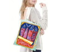 Shein 1 pieza Bolso de tela con estampado de sardinas, bolso de almacenamiento de lona resistente, bolso de compras con estampado reversible, regalo para am