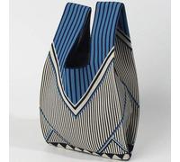 Shein 1 pieza Bolso de tote plegable, de punto, con rayas azules, hueco y transpirable, para almacenamiento práctico de teléfono, maquillaje, perfume, libro