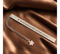 Shein 1 pieza Bookmark de acero inoxidable con el texto "Estáte quieto y sabe que yo soy Dios" Salmo 46:10 grabado, con un encanto floral - Regalo cristiano