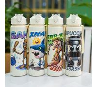 Shein 1 pieza Botella de agua con pajita de plástico de 750ml/26oz con temática de Shan Hai Jing, 4 diseños de personajes disponibles, con correa de asa, po