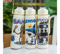 Shein 1 pieza Botella de agua de 750ml/25oz con tema de Shan Hai Jing de dibujos animados, con pajita de plástico, portátil y fácil de limpiar, adecuada par