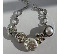 Shein 1 pieza Brazalete de cadena de acero inoxidable con corazón de zirconia de perla floral retro de moda Y2K, versátil para mujer en verano, vacaciones,