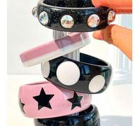 Shein 1 pieza Brazalete de resina retro, color negro y rosa, diseño de estrella y lunares de varios elementos, joyería de moda adecuada para uso diario, com
