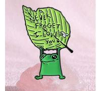 Shein 1 pieza Broche de esmalte con hoja de rana "Nunca olvides que te amo" Insignias de solapa Joyería de rana con amor para amantes, familia y amigos