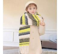 Shein 1 pieza Bufanda suave de niñas con flecos de imitación de cachemira amarillo limón a rayas, cálida y a prueba de viento para otoño/invierno, adecuada