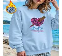 Shein 1 pieza Buffy la Cazavampiros Sudadera con cuello redondo de felpa con estampado de corazón para mujer, parte superior de sudadera con gráfico lindo,