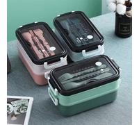 Shein 1 pieza Caja de almuerzo de plástico de doble capa con cubiertos, caja bento resistente a fugas para microondas, para el salón de clases, camping y pi