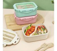 Shein 1 pieza Caja de almuerzo para estudiantes con dos compartimentos, juego de cubiertos incorporado, caja bento redonda y cuadrada reutilizable, se puede