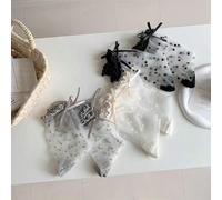 Shein 1 pieza Calcetines de seda con cristales y lazo con puntos, estilo japonés JK, calcetines medianos con volantes de malla transparente de gasa para niñ
