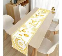 Shein 1 pieza, Camino de mesa blanco y dorado de 35*180cm con Eid Mubarak, patrón de estrellas, lunas y linternas de poliéster para decoraciones de Ramadán,