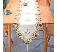 Shein 1 pieza Camino de mesa con estampado de flor morada, tela de satén de poliéster minimalista nórdica, bordado a mano y borde de encaje hueco, adecuado