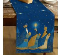 Shein 1 pieza Camino de mesa con patrón del Día de los Reyes Magos, Camino de mesa tipo lino para el Día de los Reyes Magos, 1 pieza Camino de mesa, 4 pieza