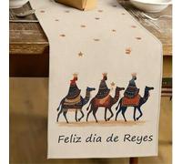 Shein 1 pieza Camino de mesa con patrón del Día de los Reyes Magos, Camino de mesa tipo lino para el Día de los Reyes Magos, 1 pieza Camino de mesa, 4 pieza