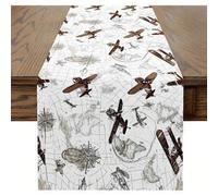 Shein 1 pieza Camino de mesa con tema de aviación - Diseño vintage de avión y mapa de vuelo, estampado de avión marrón sobre fondo beige - Tela duradera ade