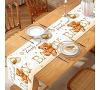 Shein 1 pieza Camino de mesa de ducha de bebé con diseño de oso marrón pequeño, Mantel de fiesta de revelación de género con globos de oso marrón, Mantel de