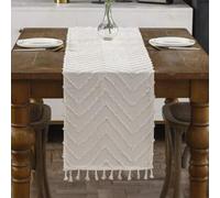 Shein 1 pieza Camino de mesa decorativo de estilo bohemio color beige de jacquard, tela de lino con patrón ondulado y flecos, decoración de otoño, decoració