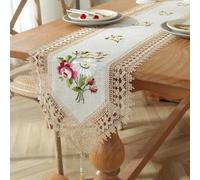 Shein 1 pieza Camino de mesa, individual, mantel de tela de lino de poliéster con bordado y encaje, decoración del hogar, reunión familiar, decoración festi