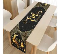 Shein 1 pieza Camino de mesa negro y dorado Eid Mubarak, mantel de poliéster de 180*35cm con patrón de estrellas y linternas, decoración de Ramadán, suminis