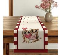 Shein 1 pieza Camino de mesa romántico con diseño de búho, mantel rectangular de lino para decoración de mesa, diseño en forma de corazón, cuadros rojos, te