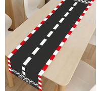 Shein 1 pieza Camino de mesa y tapete de juego de pista de carreras, diseño de patrón de carretera de poliéster a cuadros blanco y negro con línea de salida
